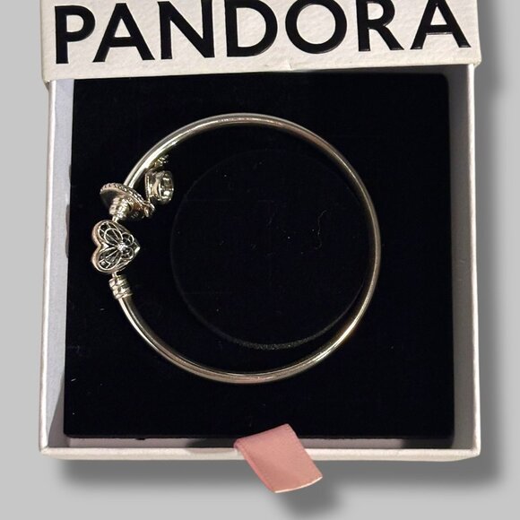 Pandora Heart Charm Sterling Silver Bangle Bracelet, w/Graduation Cap Charm, Wit - Picture 1 of 16